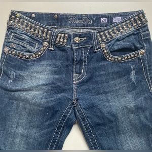 Miss Me Women's Blue Jeans Straight Cut Rhinestone Studded "Belt" Size 28